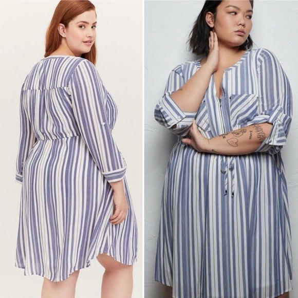 TORRID Women’s Blue & White Stripe Zip Front Drawstring Shirt Dress Size 6X - Picture 2 of 14